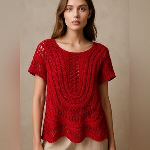 GeeGee Red Crochet Boho Top • Festival Beach Coverup Blouse Size M
